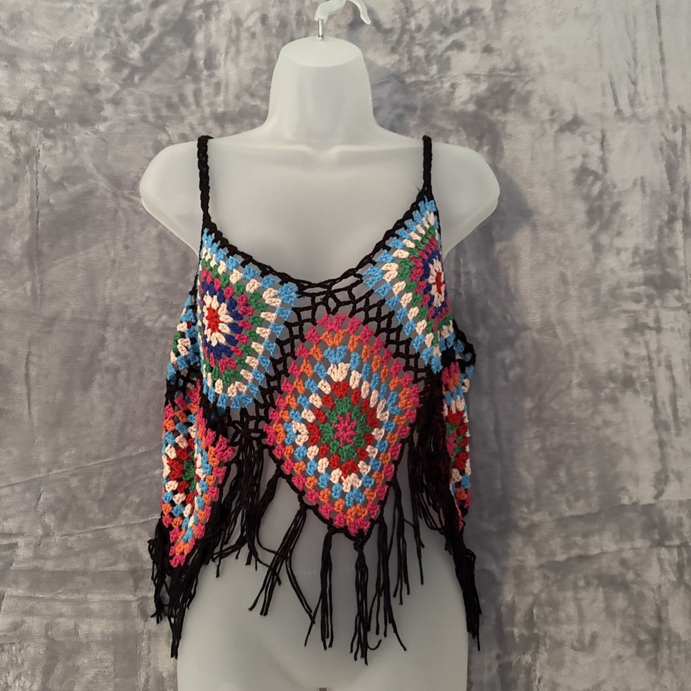 Shein Festival Fringe Crochet Halter Top Womens Size 2X Black‎ Cropped Beach Y2K